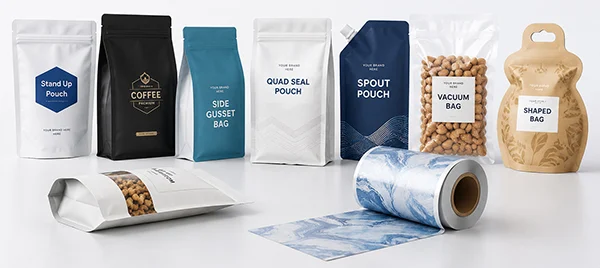 Custom bag types and packaging structures by HONGHAI Packaging including stand up pouch, flat bottom bag, spout pouch, vacuum bag and roll film solutions.