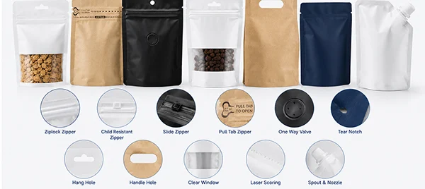 Custom packaging functional accessories by HONGHAI Packaging including zipper, valve, tear notch, handle hole, spout and child resistant zipper.