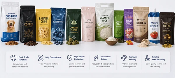 Custom flexible packaging for pet food, coffee, snacks, frozen food, cosmetics and dry powder products.