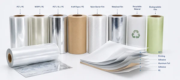 Flexible packaging material structures from HONGHAI Packaging including PET PE, aluminum foil, kraft paper, recyclable and high barrier films.