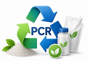 PCR recycled material packaging options for sustainable custom mylar bags and flexible packaging.