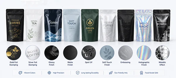 Premium packaging printing and surface finishing solutions from HONGHAI Packaging including matte finish, spot UV, foil stamping and holographic effects.