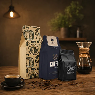 Coffee packaging solution showing custom coffee bags in a café-style application scene