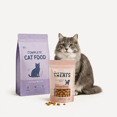 Custom cat food and cat treat packaging pouches with high barrier film