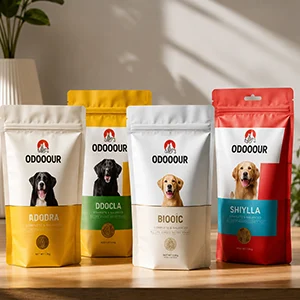 Custom dog food pouches in multiple sizes for pet food packaging brands