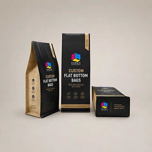 Custom flat bottom bags for coffee, snacks, and food packaging with premium quality and durable design