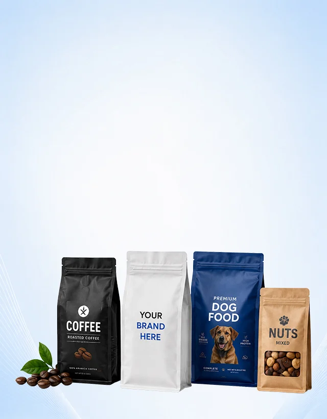 Custom packaging bags FAQ hero background for Mylar bags, coffee bags, food packaging and pet food packaging questions