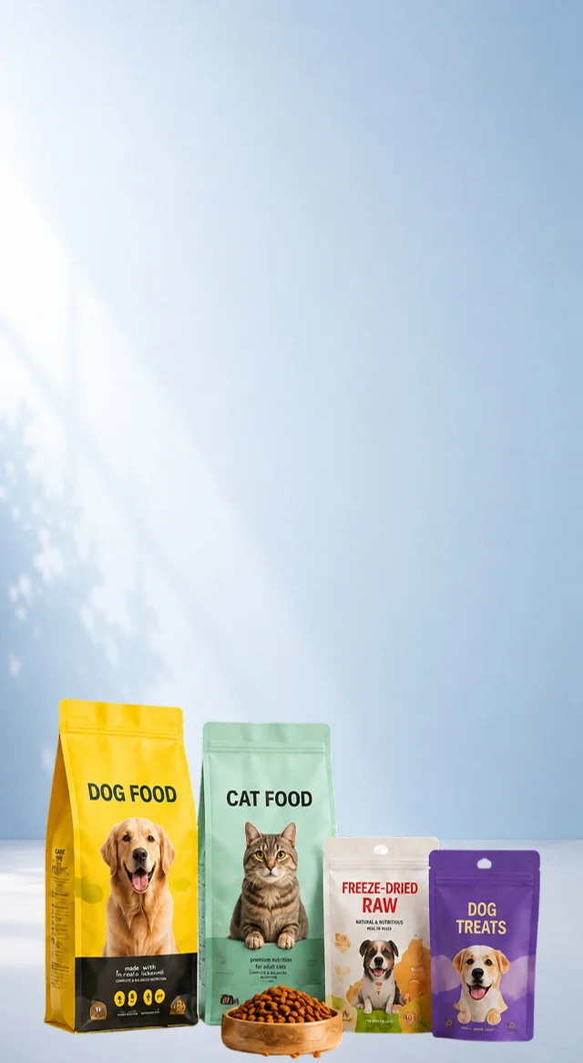 Custom pet food packaging manufacturer banner for dog food, cat food and pet treat brands