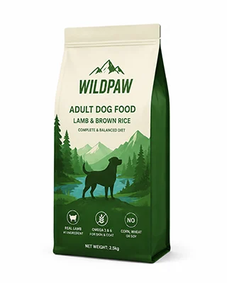 Custom pet food flat bottom bag for premium dog food, cat food and retail shelf display