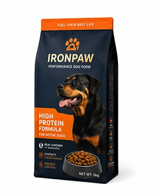 Custom pet food quad seal bag for heavy duty dog food, bulk pet food and high barrier packaging