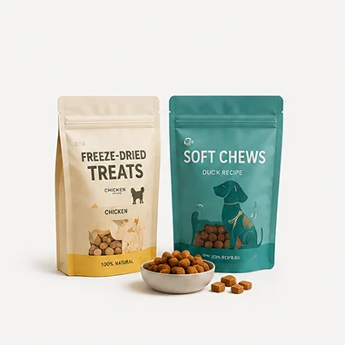 Custom pet treat packaging bags for freeze dried treats and soft chews