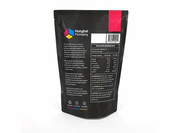 Custom printed stand up pouch back view with nutrition label and Honghai Packaging branding
