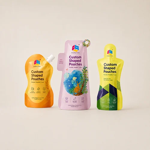Custom shaped pouches for flexible packaging of snacks, candy, and beauty products with vibrant design