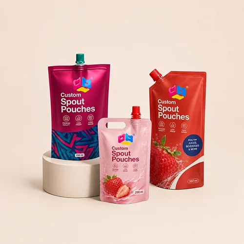 Custom spout pouches for juices, beverages, sauces, and liquid products with leak-proof and food-grade design