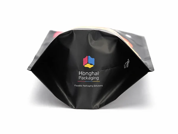 Custom stand up pouch bottom view with Honghai Packaging logo for flexible food packaging