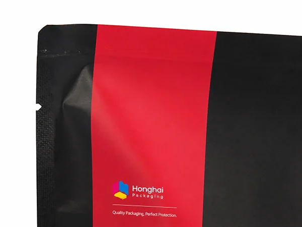 Custom stand up pouch printing detail with Honghai Packaging logo and branded food packaging design
