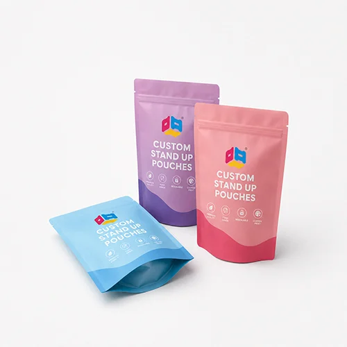 Custom stand up pouches for snacks, coffee, and food products with resealable zipper and premium printing