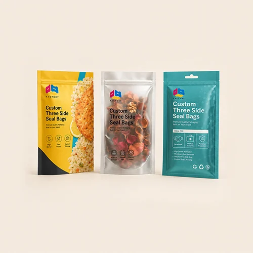 Custom three side seal bags for small food packs, supplements, and retail products with high barrier and durable design