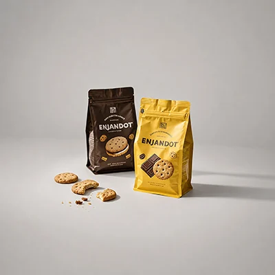 Food packaging solution showing stand-up food pouches for nuts and snacks in a kitchen scene