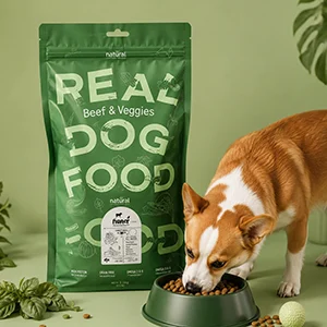 Green custom dog food packaging bag with dog feeding scene