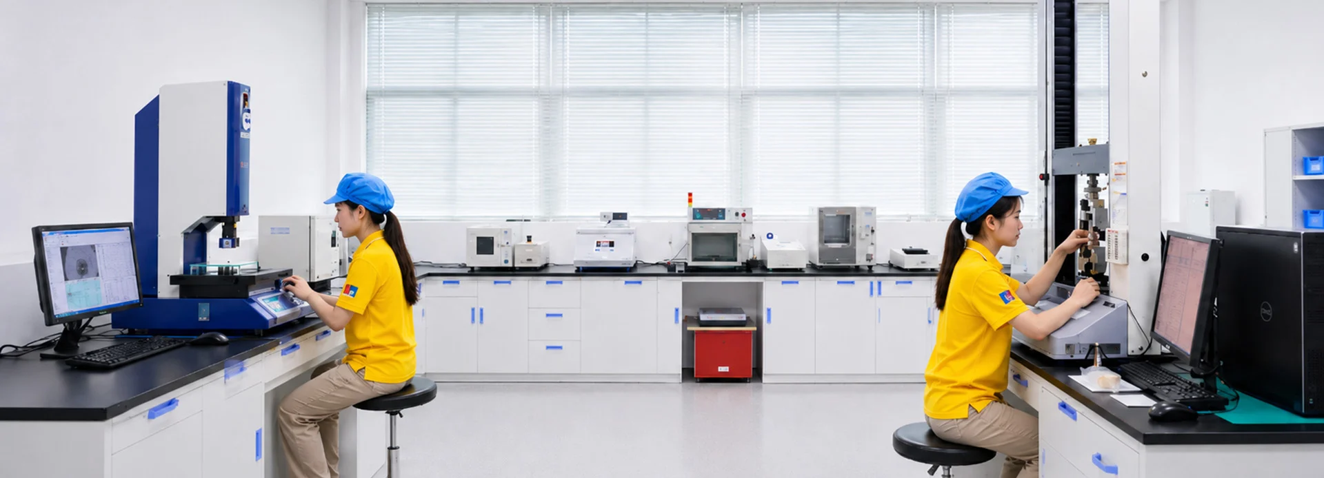 Honghai Packaging quality control laboratory banner showing two technicians testing flexible packaging bags in a modern lab