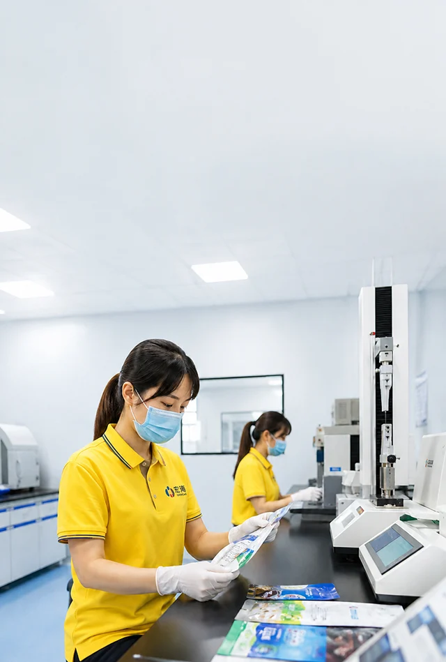 Mobile view of clean laboratory with female staff inspecting flexible packaging bags, suitable for B2B quality control banner
