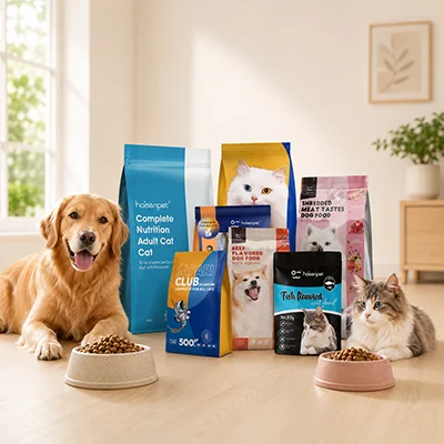 Pet food packaging solution showing custom dog and cat food bags in a home feeding scene