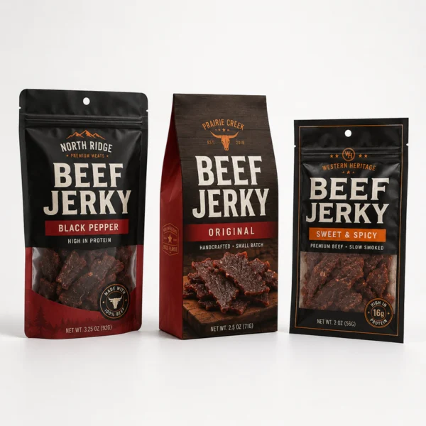 Three custom beef jerky packaging styles including stand-up pouch, flat bottom bag and three side seal bag
