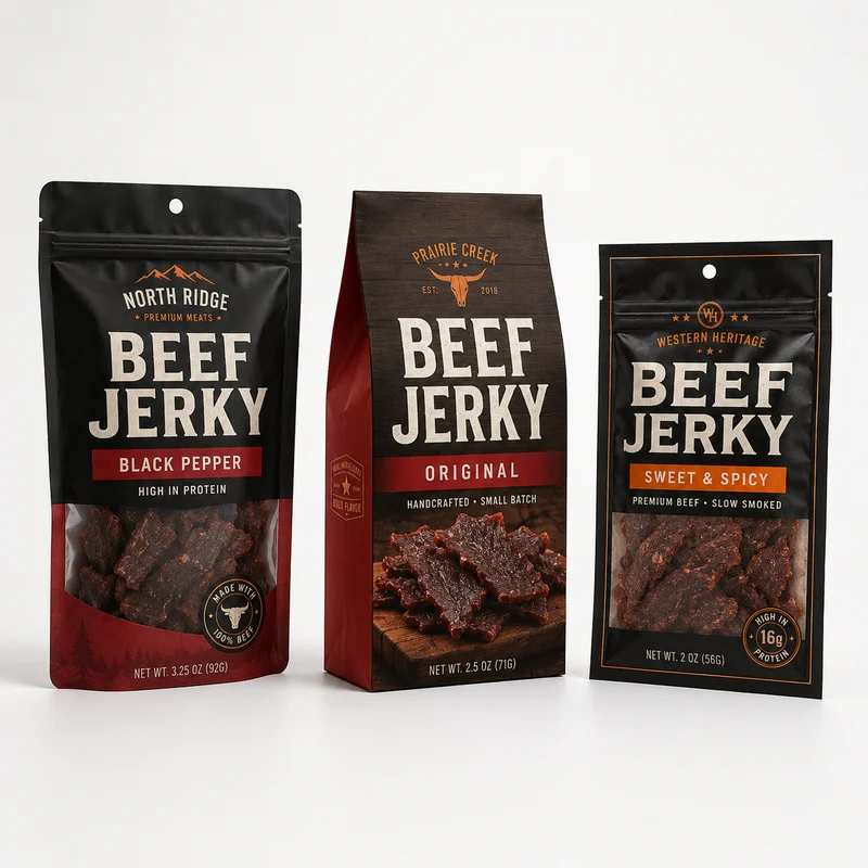 Three custom beef jerky packaging styles including stand-up pouch, flat bottom bag and three side seal bag