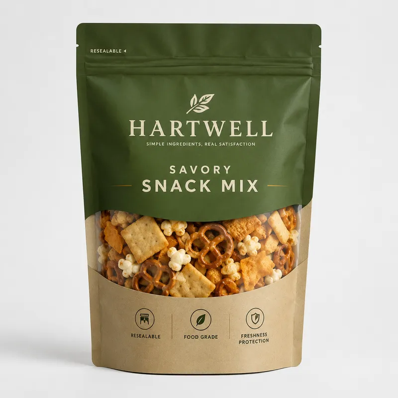 Custom snack packaging pouch for mixed savory snacks with resealable zipper, food-grade structure and shelf-ready design.