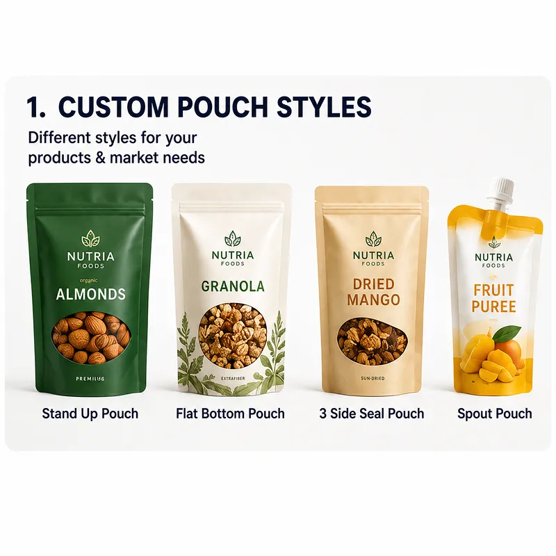 Custom food pouch styles including stand up pouch, flat bottom pouch, 3 side seal pouch and spout pouch for B2B food packaging.