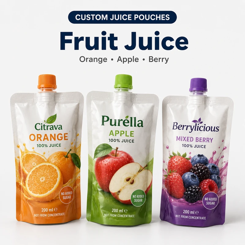 Custom fruit juice spout pouches for orange, apple and mixed berry juice