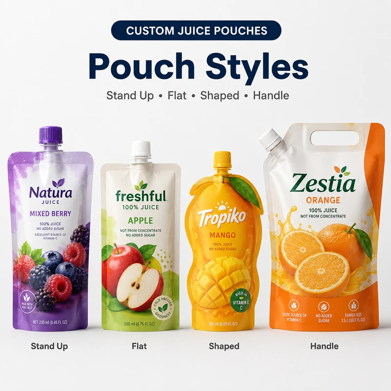 Custom juice pouch styles including stand-up, flat, shaped and handle spout pouches