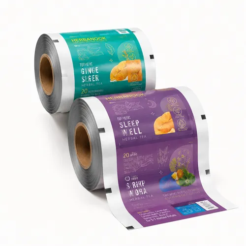 Custom printed packaging roll film for automatic filling and sealing of tea, snacks and food products.