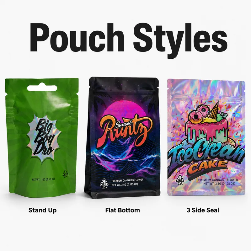 Custom Mylar bag pouch styles showing stand up pouch, flat bottom pouch and 3 side seal pouch for B2B packaging applications.