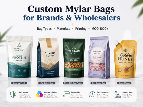 Custom Mylar bags for brands and wholesalers in multiple pouch styles with custom printing and resealable features