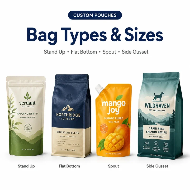 Custom stand-up, flat-bottom, spout and side-gusset pouches in different retail-ready designs