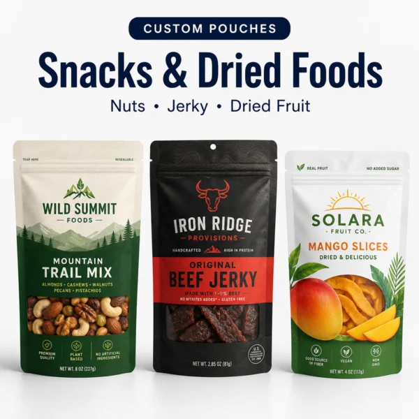 Custom pouches for snacks and dried foods featuring trail mix, beef jerky and dried mango packaging
