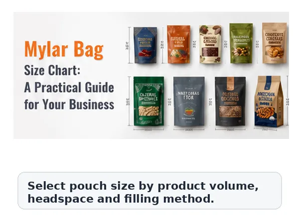 Mylar bag size guide showing small medium and large custom pouches for packaging buyers