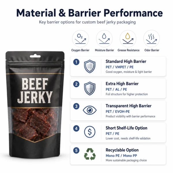 Beef jerky packaging material structures and oxygen moisture grease odor barrier options
