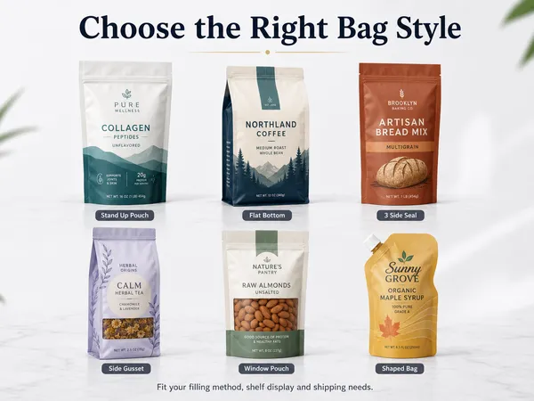 Custom Mylar bag styles including stand up pouch, flat bottom bag, three side seal pouch, side gusset bag, window pouch and shaped pouch