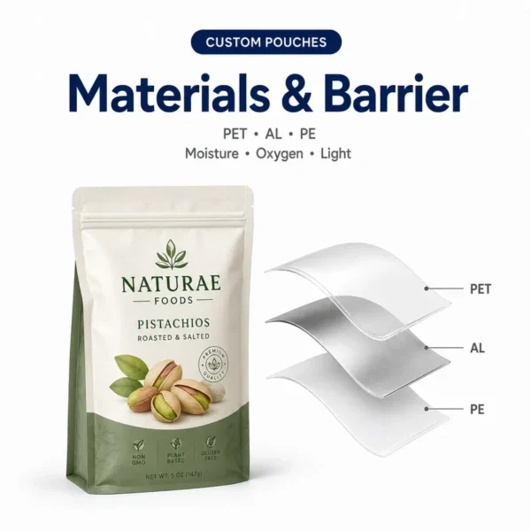 Custom pistachio pouch beside PET aluminum and PE high-barrier film structure layers