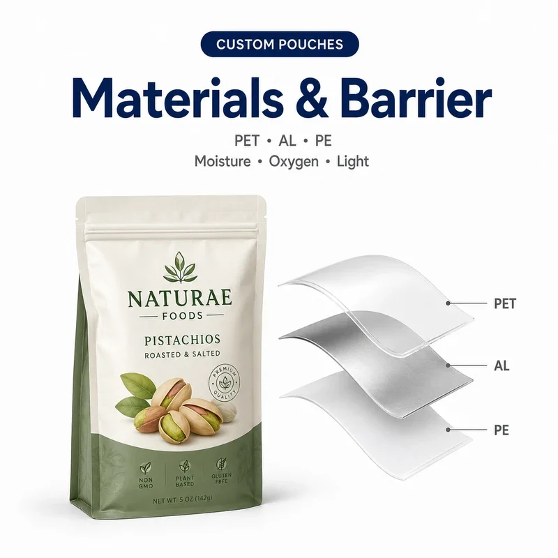 Custom pistachio pouch beside PET aluminum and PE high-barrier film structure layers