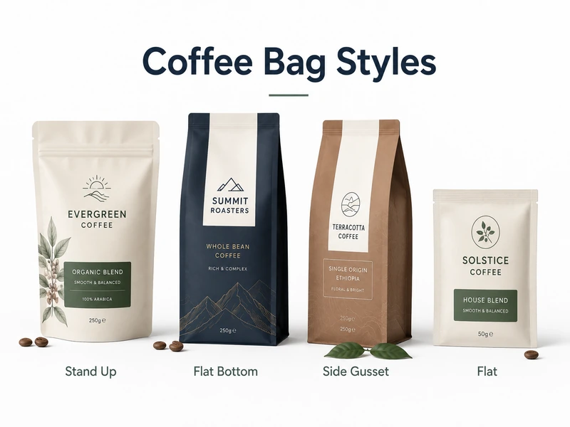 Comparison of stand-up, flat-bottom, side-gusset and flat coffee bag styles for commercial packaging