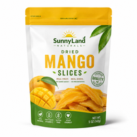 Custom stand up zipper pouch for dried mango slices with moisture barrier food packaging structure.
