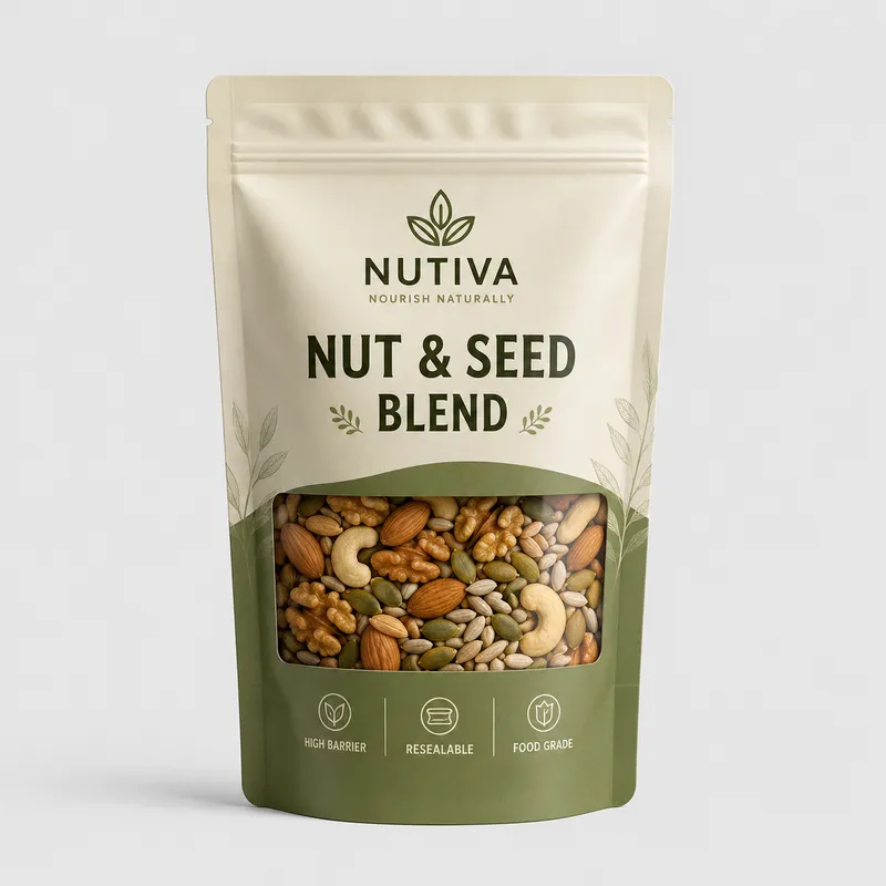 Custom nut and seed packaging pouch with transparent window, high-barrier material and resealable zipper for retail food applications.