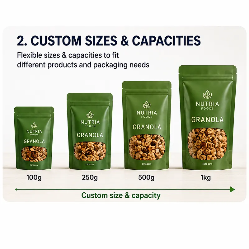 Custom food pouch sizes and capacities from 100g to 1kg for different food products and flexible packaging projects.