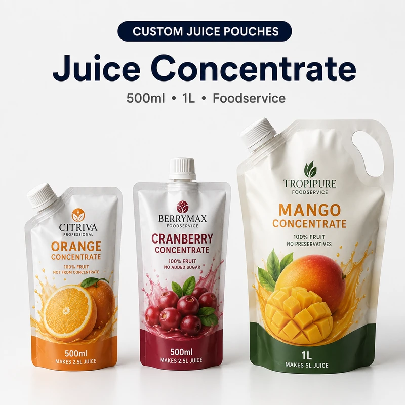 Custom juice concentrate pouches in 500ml and 1L sizes with spouts and handle