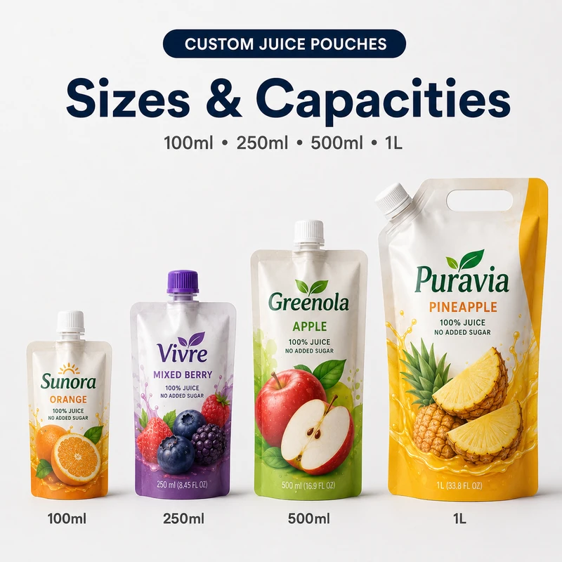 Custom juice pouches in 100 ml, 250 ml, 500 ml and 1 liter capacities