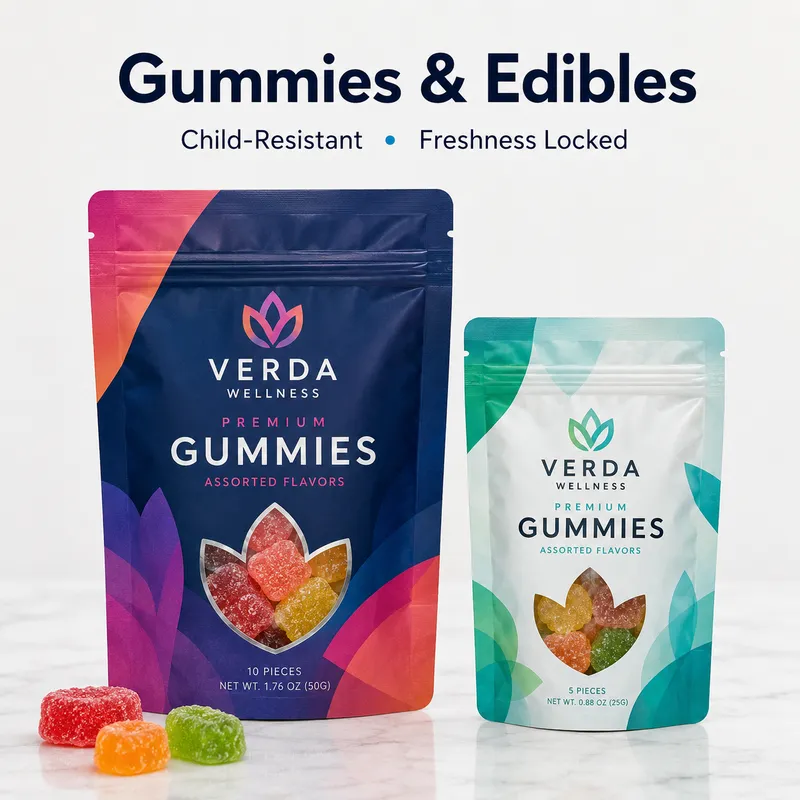 Custom Mylar bags for gummies and edibles with child-resistant pouch packaging and product display window.